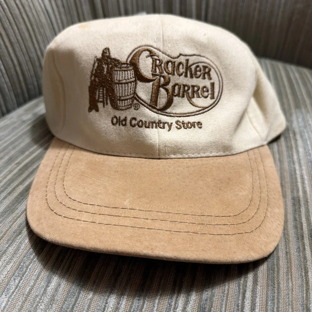 Cap Cracker Barrel Strapback Hat Baseball Lt Tan Leather Brim JJ Of Dallas VTG
